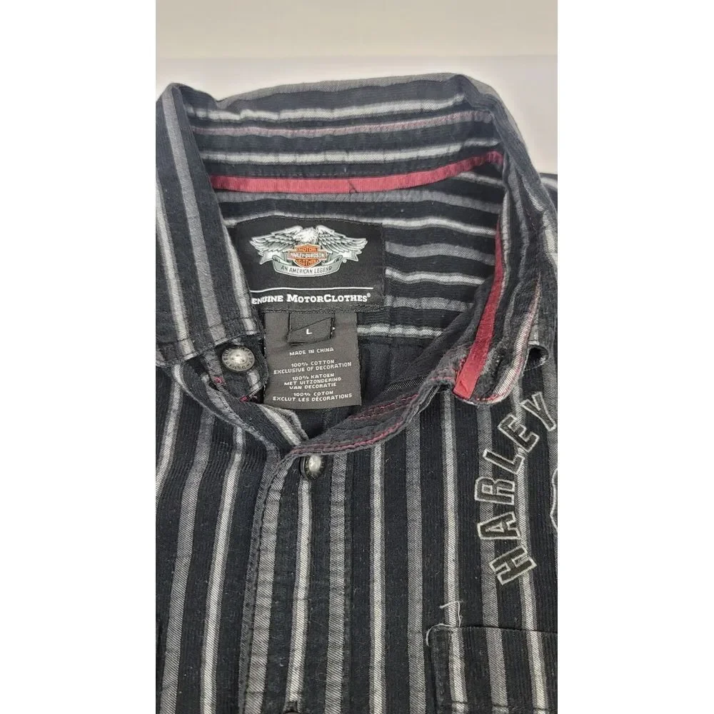 Harley Davidson Button Up Shirt‎ Mens Large. Vintage Black Striped Longsleeve.